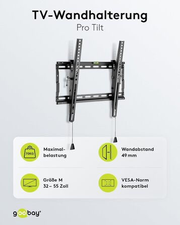 Кріплення для телевізора та монітора Goobay Pro (XL), настінне, регульоване (3-12°), поворотне – для LED, LCD, OLED, плоских та вигнутих телевізорів 43-100 дюймів – максимальне навантаження 70 кг – чорний