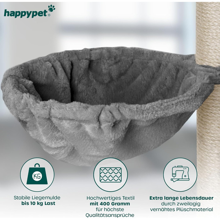 HAPPYPET Дряпка для котів 260 см – велика, стійка, для кількох котів, з аксесуарами, сіра