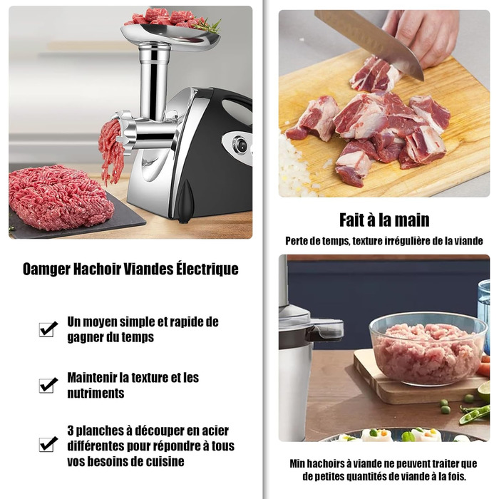 Electric Meat Grinder 2800W 3-in-1 Stainless Steel Meat Grinder with 3 Plates (3mm, 5mm, 7mm), Kubbe Attachment & Sausage Stuffer, 80kg/hr - Black