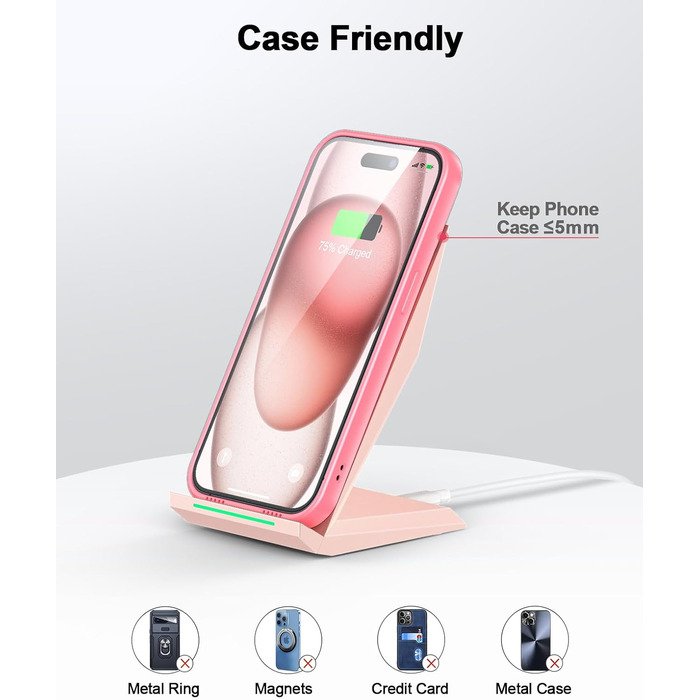 Бездротовий зарядний пристрій NANAMI Qi з адаптером USB-C 20W PD, сумісний з iPhone 17/16/15/14/13/12 Pro Max XR 8 та Samsung Galaxy S25/S24/S23/S22 (рожевий)