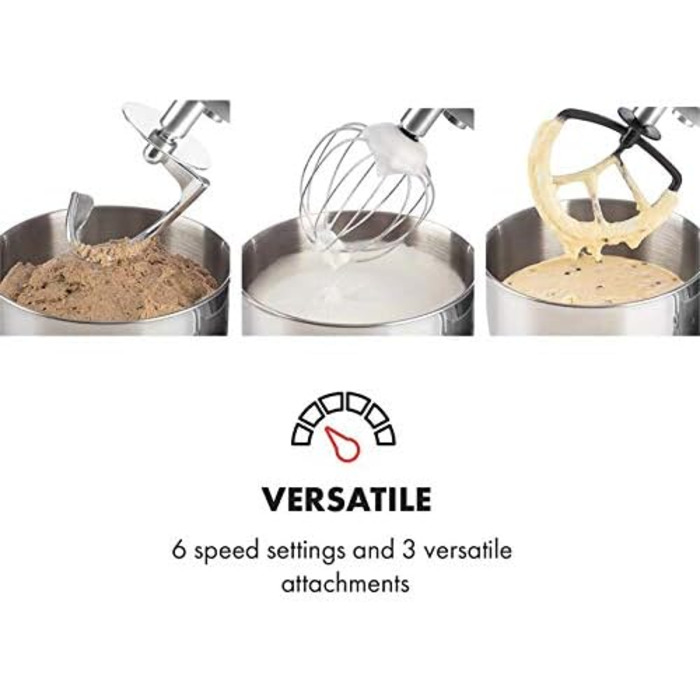 Klarstein 5L Stainless Steel Stand Mixer - 2000W Kitchen Machine with Dough Hook & Whisk - 6 Speed Universal Mixer for Baking & Cooking