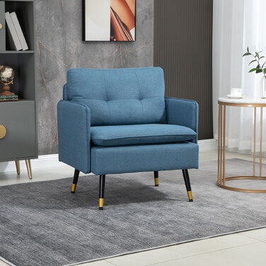 HOMCOM Accent Chair with Button Tufting, Upholstered Armchair, Removable Cushions, Black + Gold + Blue