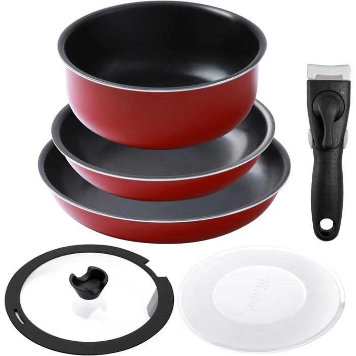Набір каструль та сковорідок Motase 6 предметів з антипригарним покриттям, знімні ручки, легкий алюміній, підходить для індукційних плит, червоний