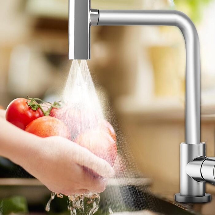 Кухонний змішувач Wasserhahn з поворотним виливом 360°, високий тиск, 4 режими струменя, з душом, з підключенням (нержавіюча сталь)