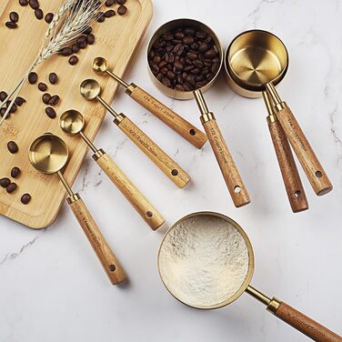 8-Piece Stainless Steel Baking Tool Set, Measuring Cups, Measuring Spoons, Wooden Handle, Kitchen Utensils for Coffee Powder