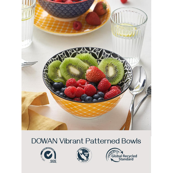 Набір тарілок для мюслі DOWAN (6 шт.), 680 мл, діаметр 15,2 см, кольорові, великі, набір тарілок для вечері, Різдва, супу, салату, кукурудзяних пластівців, з квітковим візерунком