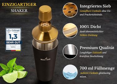 Barmingo Stainless Steel Cocktail Set - 11 Piece Bar Set with Shaker, Stand & Accessories | Cocktail Shaker Set | Bartender Set | Black & Gold