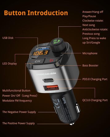Bluetooth FM-трансмітер UNBREAKcable для авто, адаптер з зарядкою PD3.0 і QC3.0, підсилювач басів, гучний зв'язок, підтримка Siri та Google Assistant