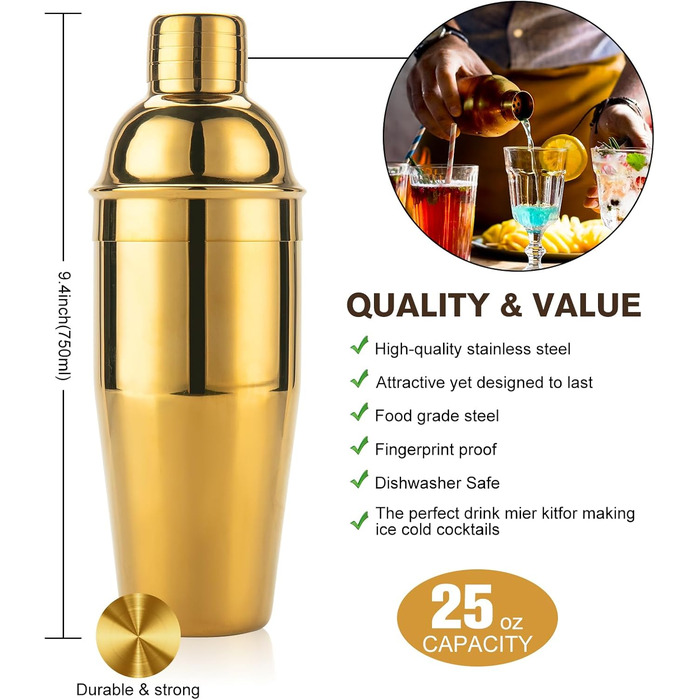 Набір шейкерів для коктейлів KINGROW 29 предметів: професійний барний аксесуар для дому, вечірок та барів | Золотий барний набір з усіма необхідними інструментами для приготування коктейлів