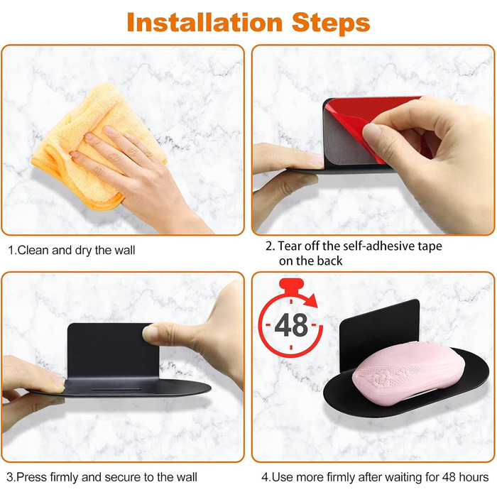 Тримач для мила на стіну без свердління HONZUEN, нержавіюча сталь, чорний. Підходить для ванної кімнати та кухні, для мила, губок, щіток.