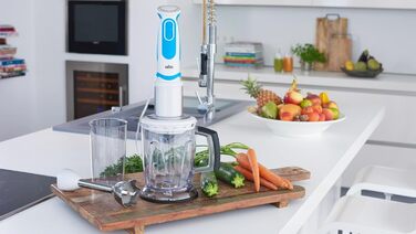 Блендер Braun MultiQuick 5 Vario MQ5260, 1000 Вт, з нержавіючою насадкою, спіралезрізувачем та аксесуарами, білий/синій