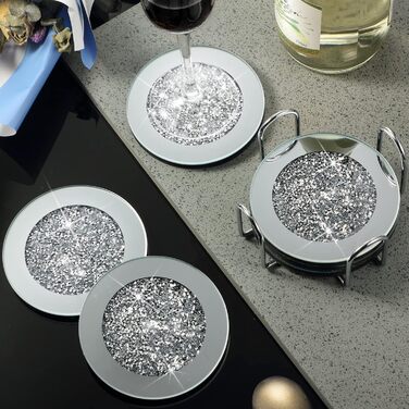 7-Piece Glass Coaster Set, 6 Crystal Coasters with Holder for Drinks, Silver, Glitter, Table, Bar Accessories (round)
