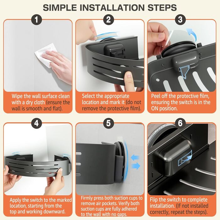 Поличка для душу Lekesky без свердління, кутова, з міцними присосками, алюміній, нержавіюча сталь, знімна, 2 шт., Gunmetal Grey