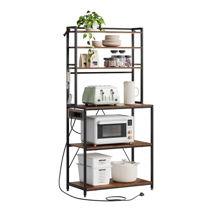 Кухонна полиця WOLTU з 6 ярусами, з розетками, для мікрохвильової печі, з металевим каркасом, регульовані полиці, Чорний+Рустик Браун, 60 x 167 x 40 см (Чорний+Вінтаж Браун, 80 x 39,5 x 167 см)