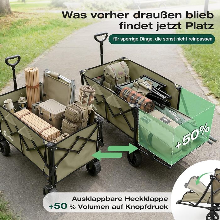 Візок складаний Sekey XXL 240L, вантажопідйомність 150 кг, оливково-зелений - універсальний транспортний візок для будь-якої місцевості
