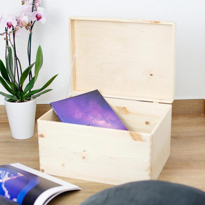 Wooden box with lid - 40x30x24cm, Natural, FSC® - Multi-purpose box without handles - Storage box | Memory box | Craft & Gift box
