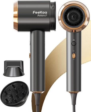 Іонський фен Feekaa з дифузором та магнітною насадкою, для подорожей та кучерявого волосся, 4 температурні режими, матовий чорний