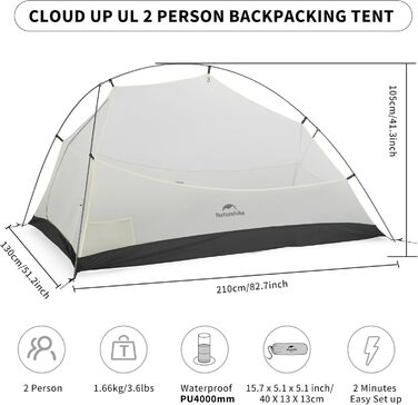 Намет Naturehike Cloud Up Pro 2 особи, легкий туристичний намет для кемпінгу, водонепроникний, сірий