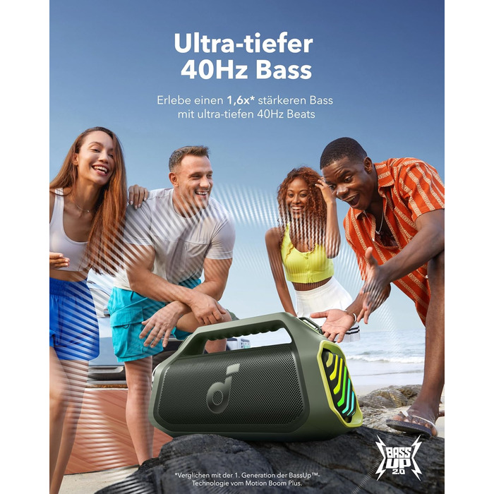 Soundcore Boom 2 Plus: Портативна Bluetooth Колонка, 140W, IPX7, RGB, Power Bank, USB-C, 20 годин, для кемпінгу (зелена)
