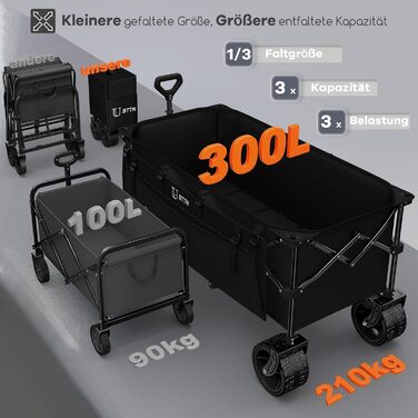 Візок садовий BTTN XXXL 300л, 210кг, чорний - складаний, з гальмами, широкі колеса 18x10 см для саду, пляжу, кемпінгу та покупок