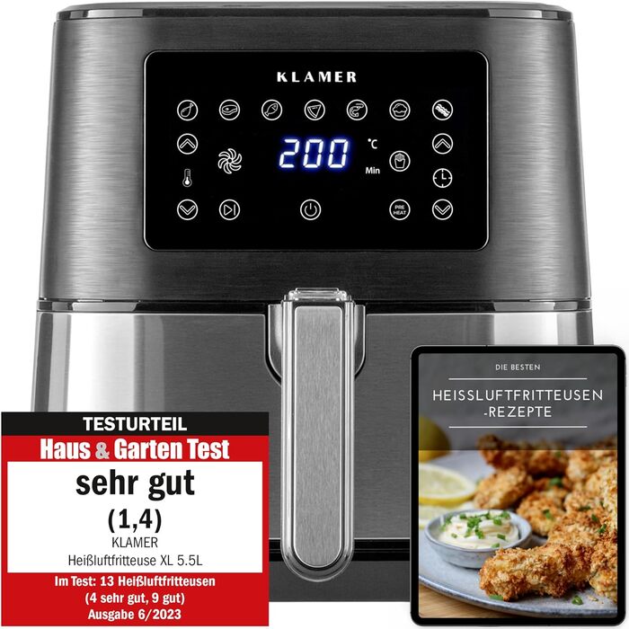 Фритюрниця KLAMER 5,5 л XXL без олії, 1700 Вт, аерофритюрниця з LED-екраном, цифровою німецькою книгою рецептів, багатофункціональна міні-фритюрниця з нержавіючої сталі
