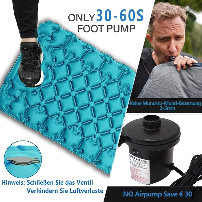 Саморозкладаний килимок для кемпінгу Isomatte - 9 см, надувний килимок для сну, повітряний матрац, туристичний килимок з насосом для авто, намету, трекінгу, пляжу (блакитний/сірий)
