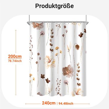 Штора для душу 240x200 см коричнева з квітами, антигрибкова, водовідштовхувальна, поліестер, з кільцями для ванної кімнати