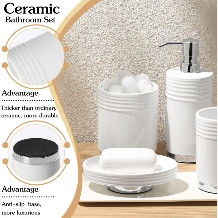 Набір аксесуарів для ванної кімнати з діамантами: органайзер для зубних щіток, дозатор мила, стакан для зубних щіток, мильниця, контейнер для ватних паличок, 5 шт., білий з металевим цоколем