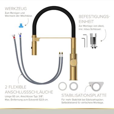 Кухонний змішувач Lenz NALU - матовий золотий, гнучкий вилив, 2 режими, економія води, антифрегат, монтаж зверху, артикул 46070422
