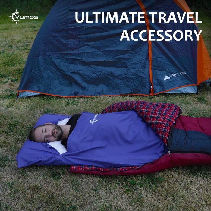Vumos Sleeping Bag Liner and Camping Sheet - Silk-Like Material for Travel, Featuring a Full-Length Zipper