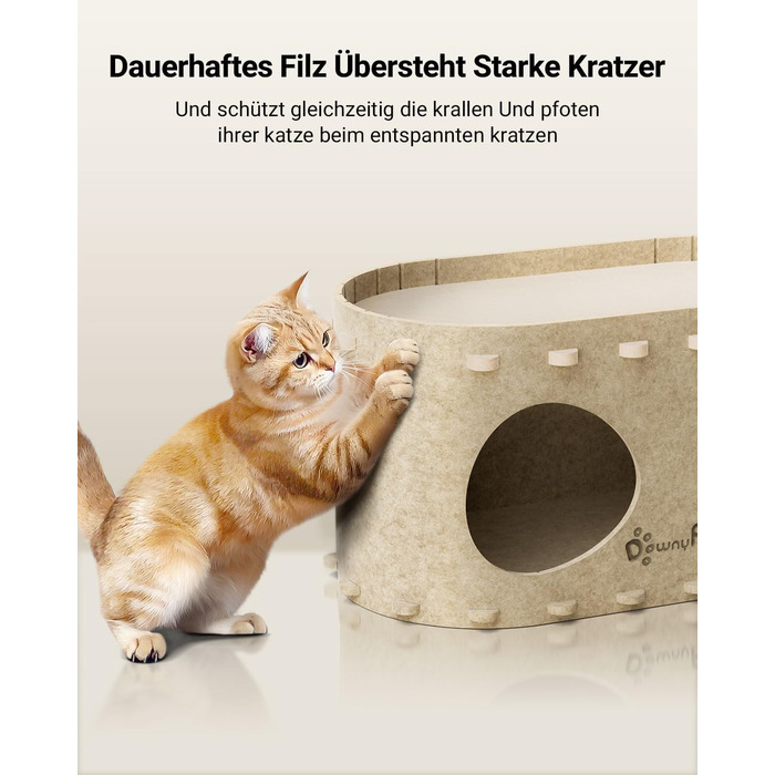 Felt Cat Cave, Felt Cat House, Cat Bed, Cat Cave for Cats, 58 x 33 x 30cm, Peek-a-Boo for Play, Winter-Proof, Nail Protection, Beige