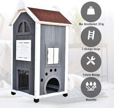 Будинок для котів PawHut на вулицю, 2-поверховий, з теневого дерева, сірий, 59 x 55 x 109 см