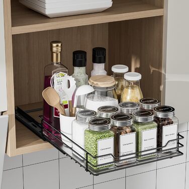 Висувна полиця для спецій у шафу, 2 яруси, регульована висота, чорний колір, органайзер для спецій, органайзер для кухні (22.2 x 26.4 x 5.6 см)
