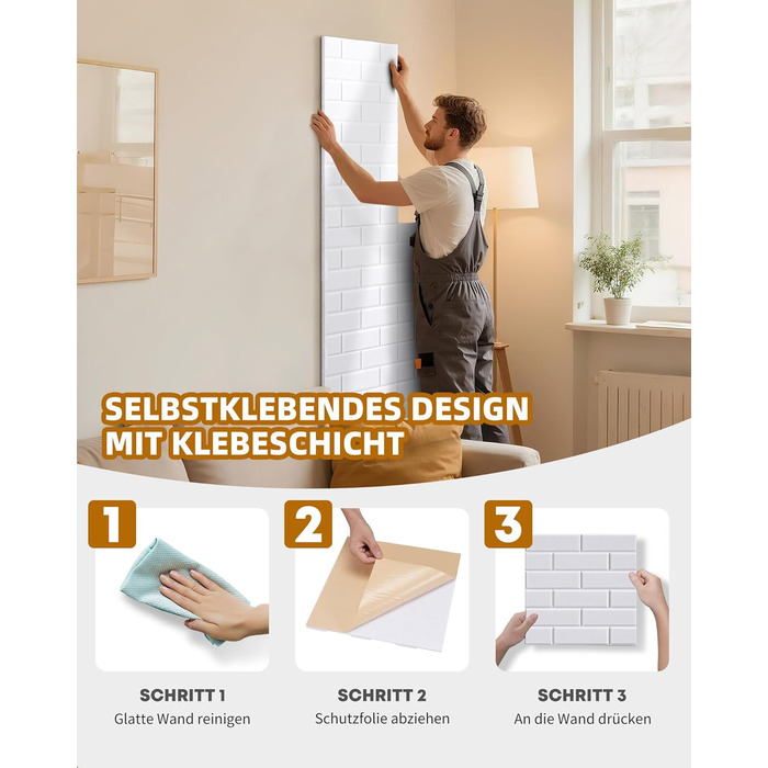 Акустичні панелі Jamelo самоклеючі 3D цегла, 30x30x0,9 см, 12 шт. — звукопоглинаючі панелі для стін у студію, спальню та офіс (Білий)