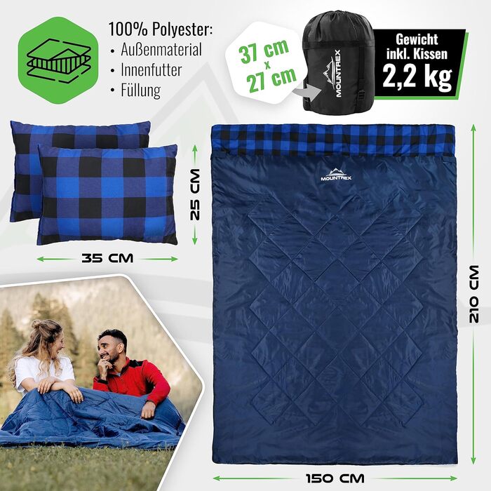 Mountrex Double Sleeping Bag - Summer Sleeping Bag for 2 People (210 x 150cm), Quilt Sleeping Bag - XXL Summer Sleeping Bag with 2 Pillows for Adults - Camping, Outdoor & Indoor (Blue)
