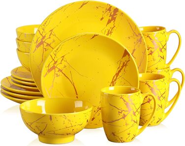 LOVECASA Набір посуду Sweet 16: 16-ти частинний сервіз з золотим декором, жовтий, для 4-12 осіб