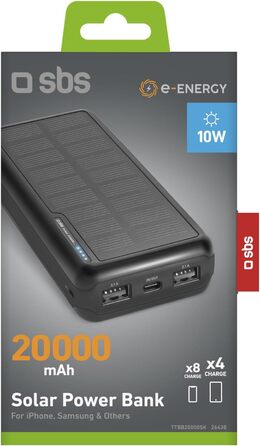 Powerbank SBS Solar 20000mAh з сонячною панеллю, швидкою зарядкою, LED-індикатором, USB-C, USB-A, чорний