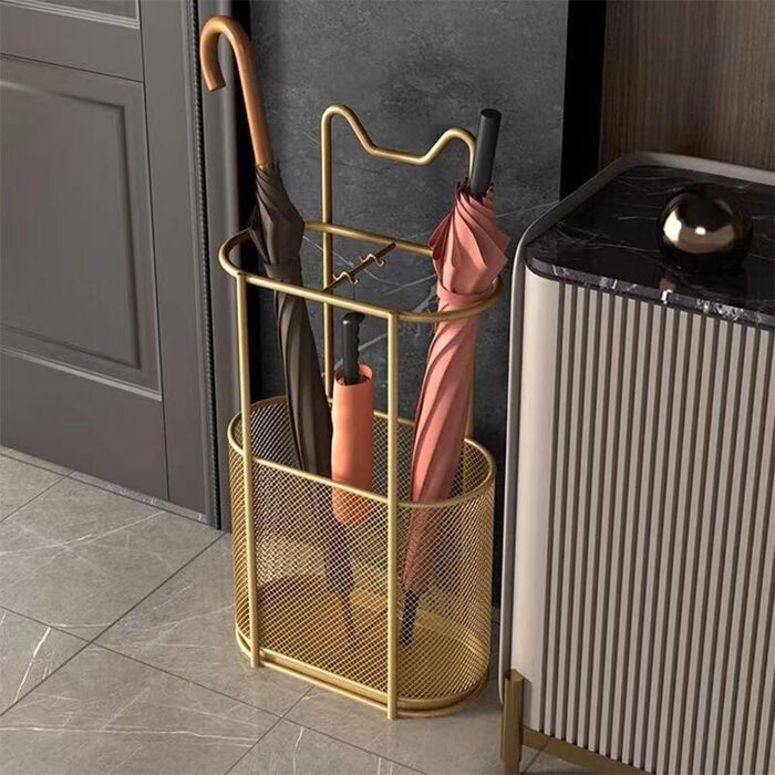 Металева підставка для парасоль та тростинок SINBINTA, з гачками та піддоном, для прихожого/входу (Золота)
