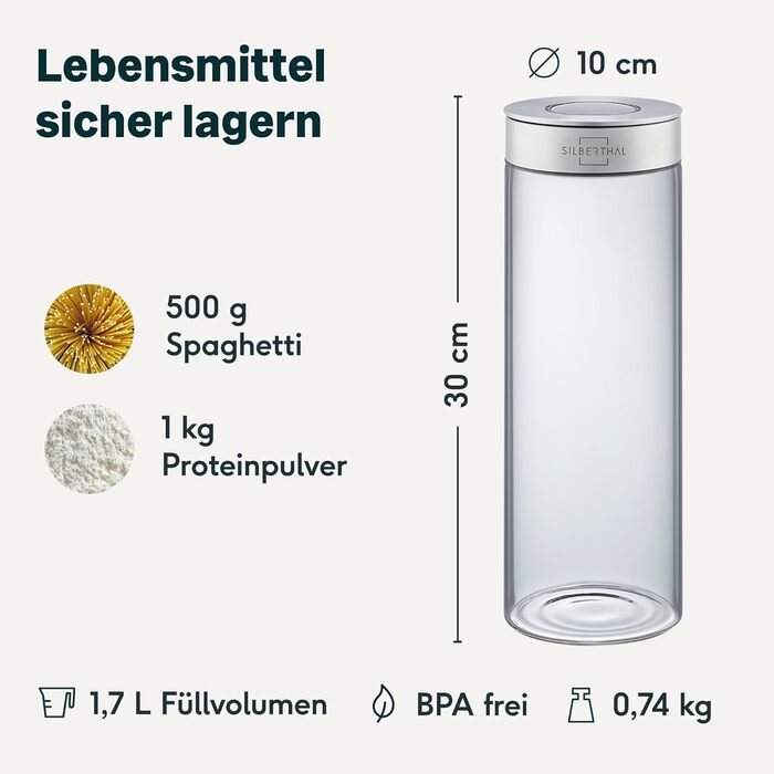 SILBERTHAL Storage Jars Glass with Lid 1700 ml - Storage Jars for airtight & leak-proof storage in the kitchen