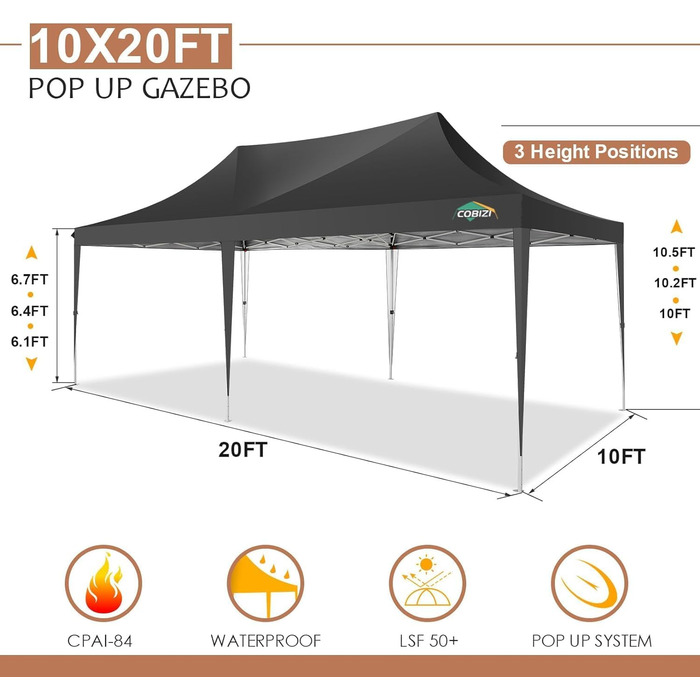 COBIZI Pavilion 3x3 Waterproof, Stable, Winter-Proof Party Tent, Folding Pavilion 3.0, 100% Waterproof and UV 50+ Portable High-End Portability Garden Pavilion (Black, 3x6 with 6 Side Walls)