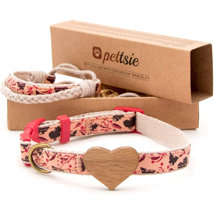 Нашийник для собак Pettsie з сердечком та браслетом дружби, регульовані розміри S та M, комфортний дизайнерський льон, міцний та довговічний, чудовий подарунок для любителів собак (26,7 - 36,8 см (S), червоний)