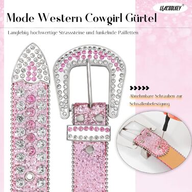 LEACOOLKEY Ремінь з стразами для чоловіків та жінок, блискучий вестерн кантрі ковбойський ремінь з ніти, для джинсів, штанів, суконь, розмір S (73-82 см), загальна довжина 105 см, колір G-рожевий (срібна пряжка)