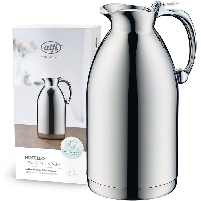 alfi THERMO 1.5L, double-walled stainless steel insulated carafe, keeps contents warm for 4 hours, cold for 6 hours, loose-fitting lid, one-handed pouring, plastic-free, dishwasher-safe, for commercial use
