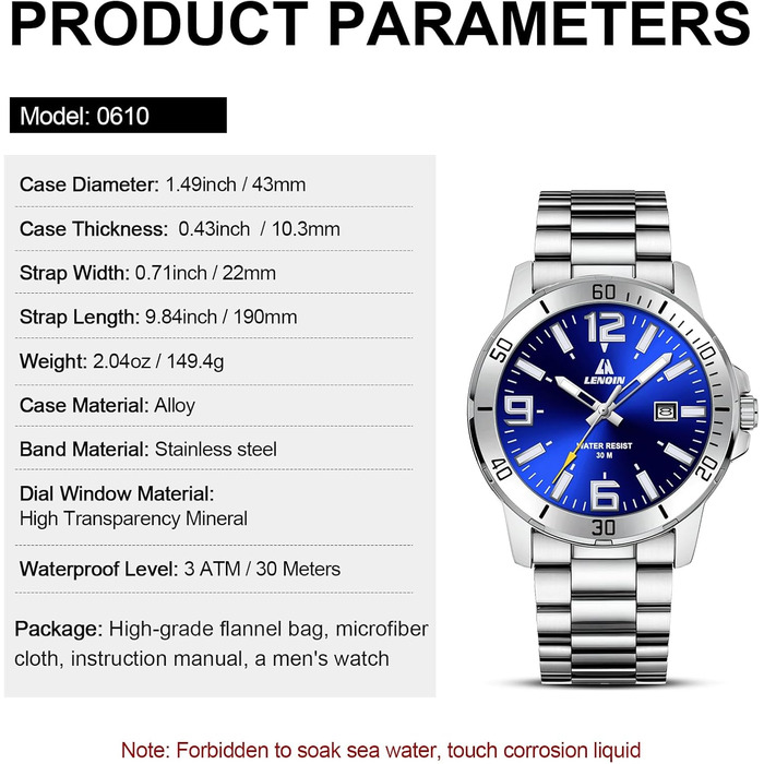 Годинник чоловічий LENQIN з нержавіючої сталі, водонепроникний, з датою, аналоговий кварцовий годинник, бізнес-стиль, срібний колір, синій циферблат