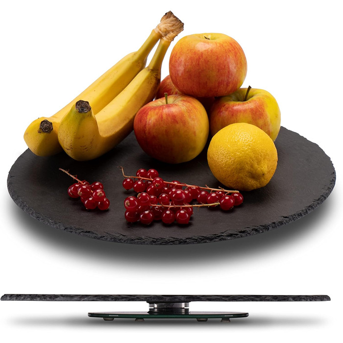 Rotating slate plate round, serving platter, cake plate, sausage plate, cheese plate. The slate cake plate with foot, serving platter, rotating turntable, tiered serving stand, decorative tray, table decoration.
