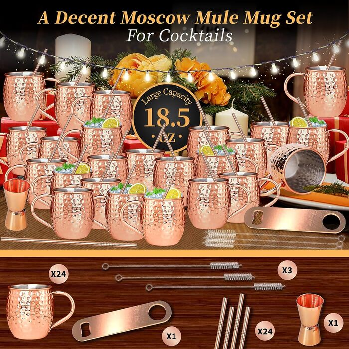 Gift Set] Moscow Mule Mugs Copper 540 ml Set of 6 Copper-Plated Stainless Steel Cups Handmade Copper Mugs with Handle for Chilled Cocktails and Cold Drinks