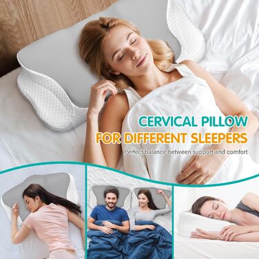 Подушка для шиї Ehomfory з піною Memory Foam, ергономічна подушка для сну на боці, спині та животі, 62x41x9/12 см, сіро-біла