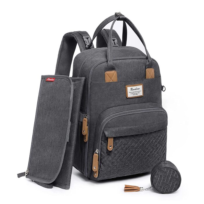 RUVALINO Baby Diaper Backpack Diaper Bag Backpack with Portable Changing Mat, Pacifier Holder, and Stroller Straps, Multifunctional Baby Bag for Mom and Dad, Dark Grey