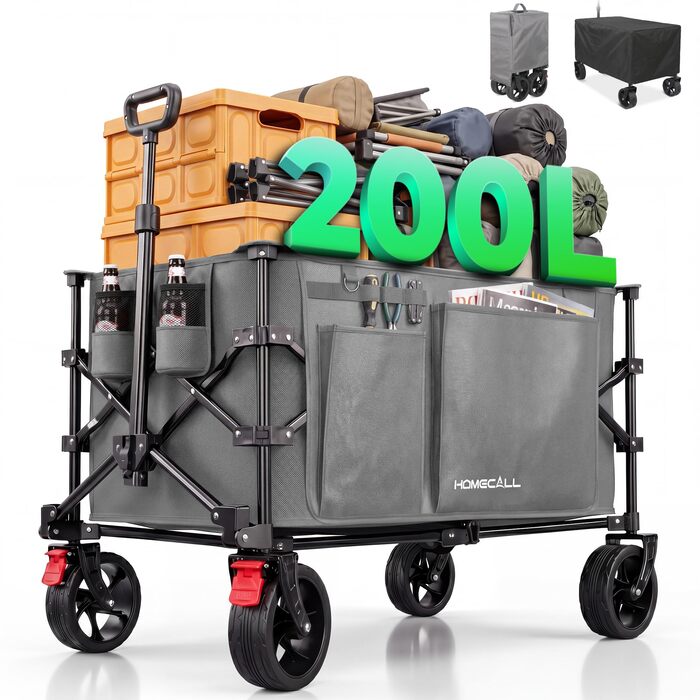 Візок пляжний складний Bollerwagen 200л, 200кг, сірий: для кемпінгу, пляжу, відпочинку. З дощем, гальмами, широкими колесами