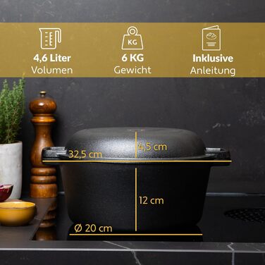 Chef's Cast Iron Dutch Oven incl. Dough Basket and Dough Scraper. Pot for Baking Bread. Bread Baking Pan with Lid 4.6L. 2-in-1 Bread Pot for Baking 26CM. Robust Bread Baking Pot. Round Bread Baking Pan. Cast Iron Pot for Baking Bread 4.6L Round